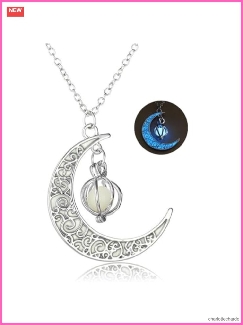 Glow in the Dark Crescent Moon Orb Pendant Necklace Alloy Hook Eye